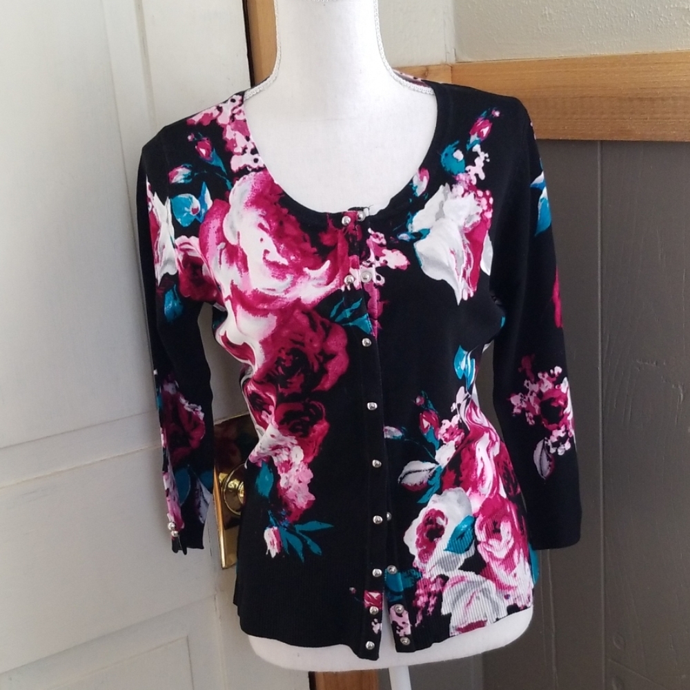 Black with turquoise and dark pinks cardigan